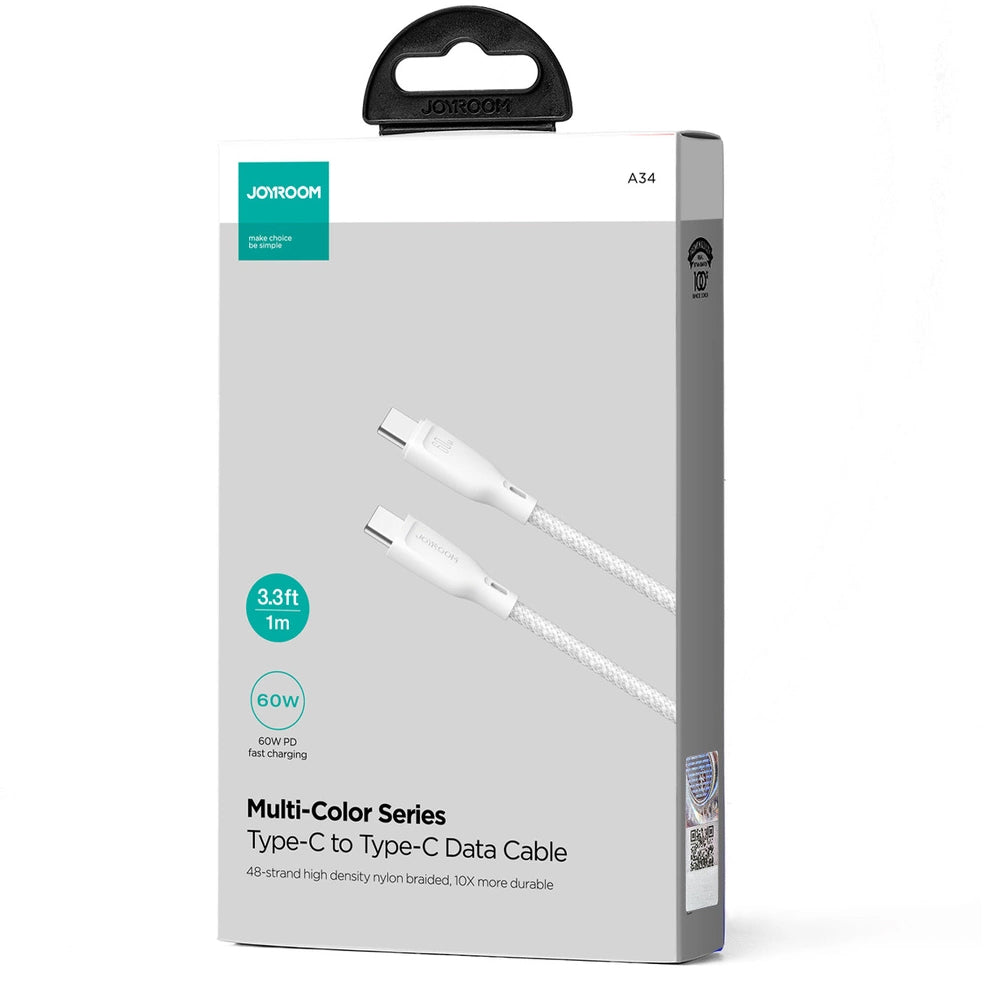 USB-C Data- en Oplaadkabel - USB-C Joyroom Multi-Color S-A34, 60W, 1m, Wit