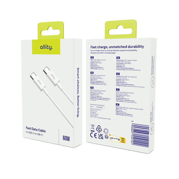 USB-C Data- en Oplaadkabel - USB-C Allity. AUC-03, 100W, 2m, Wit
