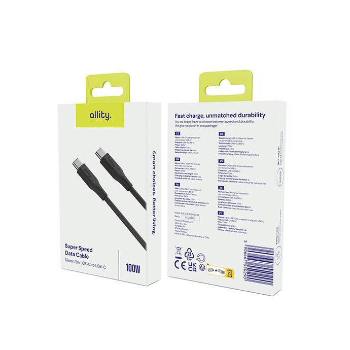 USB-C Data- en Oplaadkabel - USB-C Allity. AUC-02, 100W, 2m, Zwart