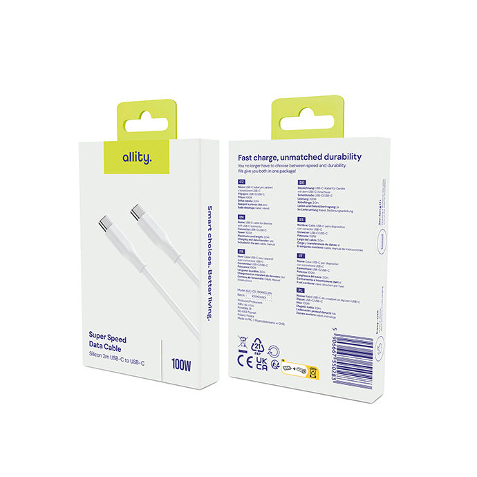 USB-C Data- en Oplaadkabel - USB-C Allity. AUC-02, 100W, 2m, Wit