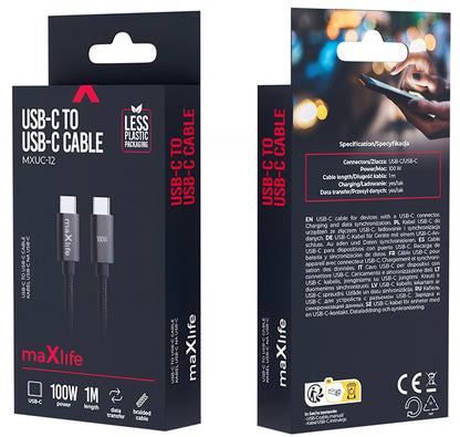 USB-C Data- en Oplaadkabel - USB-C MaXlife MXUC-12, 100W, 1m, Zwart