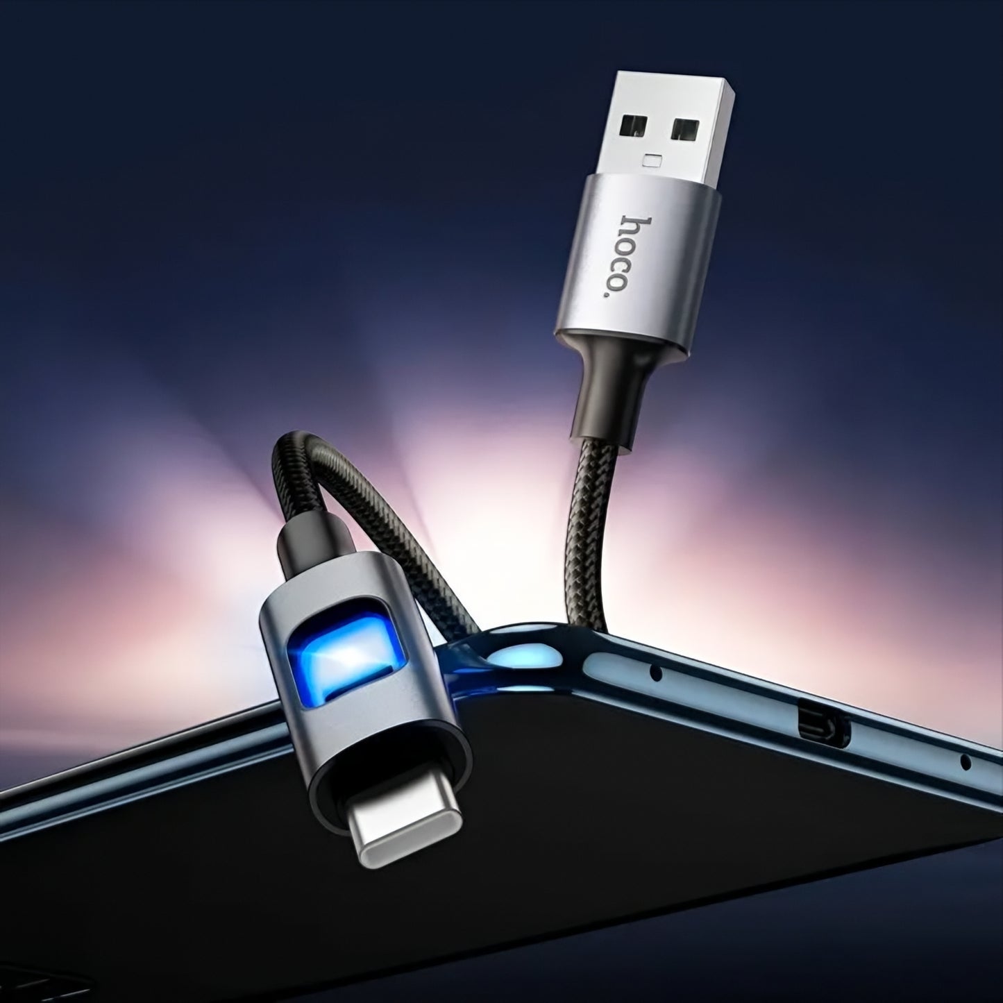 USB-A - USB-C HOCO U144 Led Data- en Oplaadkabel, 18W, 1.2m, Zwart