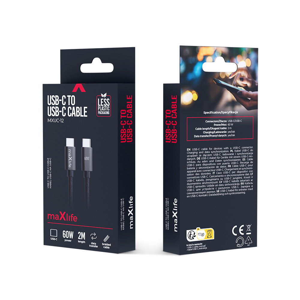 USB-C Data- en Oplaadkabel - USB-C MaXlife MXUC-12, 60W, 2m, Zwart