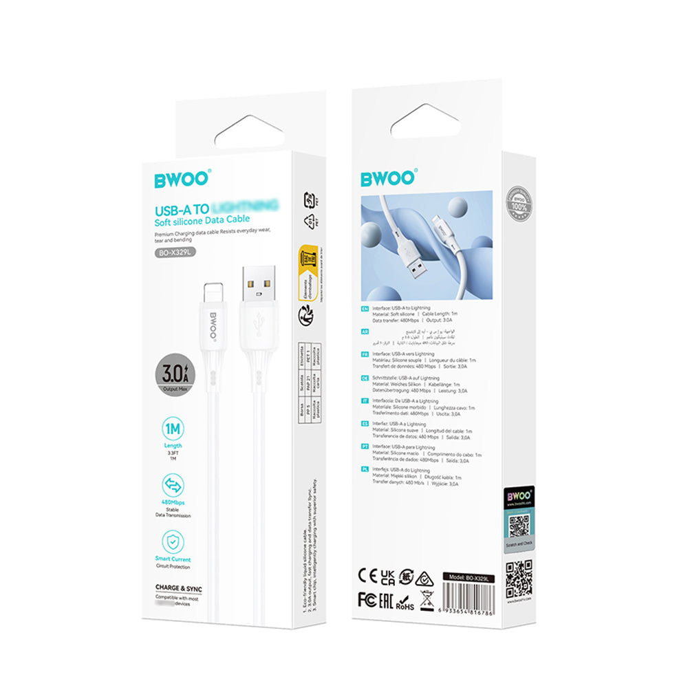 USB-A naar Lightning Data- en Oplaadkabel BWOO X329L, 15W, 1m, Wit