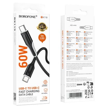 USB-C - USB-C Datakabel en Oplaadkabel Borofone BX119 New, 60W, 1m, Zwart