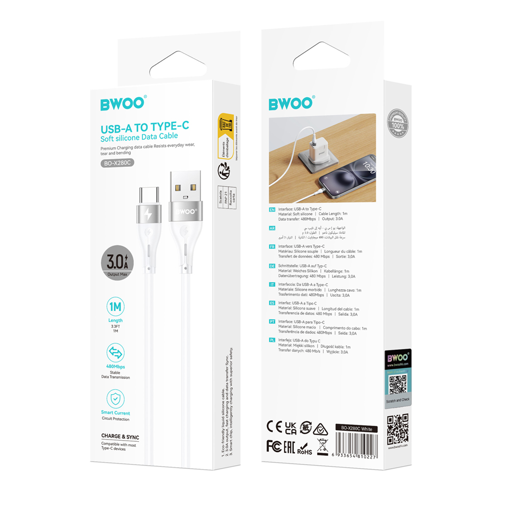 USB-A - USB-C Datakabel en Oplaadkabel BWOO X280C, 15W, 1m, Wit