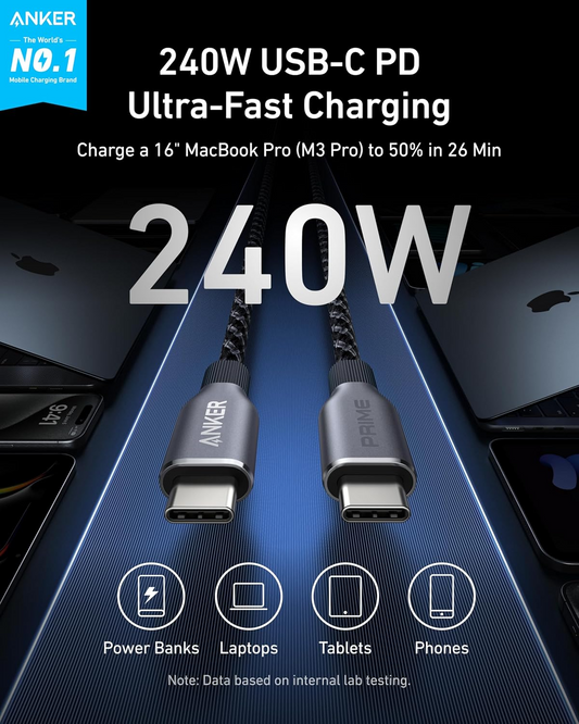 Anker Prime USB-C-naar-USB-C-data- en oplaadkabel, 240 W, 0,9 m, zwart A88E2011