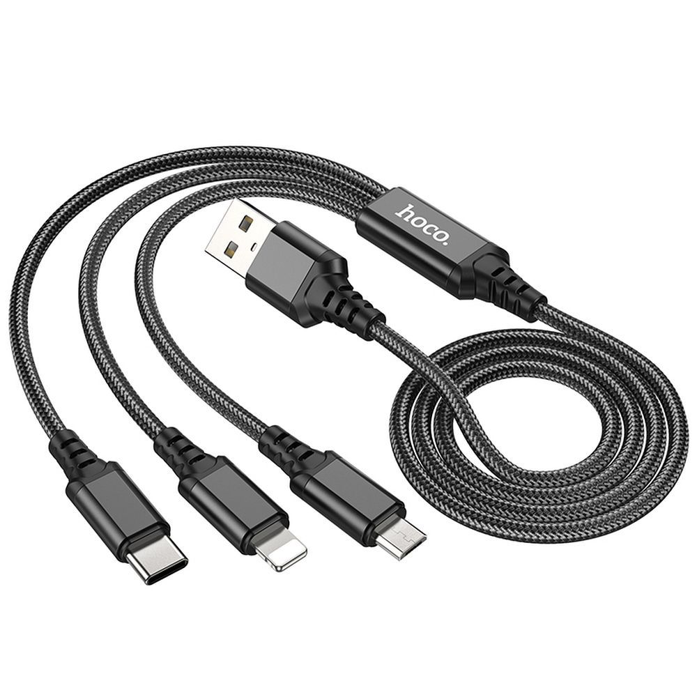 USB-A Oplaadkabel - Lightning / microUSB / USB-C HOCO X76 3in1, 18W, 1m, Zwart