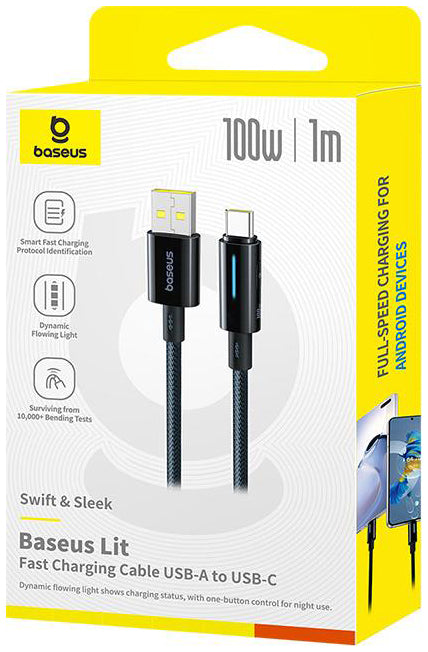 Data- en Oplaadkabel USB-A - USB-C Baseus Lit Button Control, 100W, 1m, Zwart P10379002121-00
