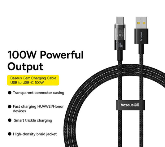 Data- en Oplaadkabel USB-A - USB-C Baseus Gem, 100W, 1m, Zwart P10373002111-00