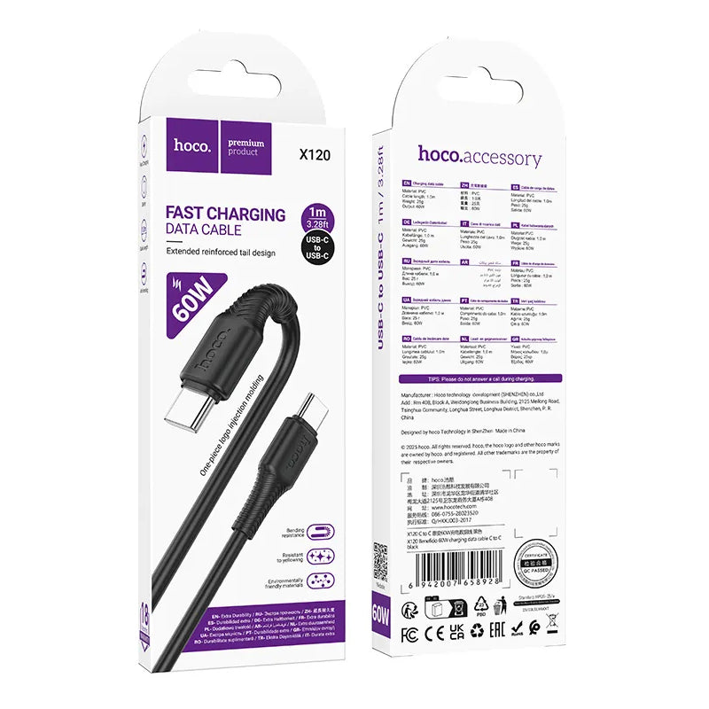 USB-C Data- en Oplaadkabel - USB-C HOCO X120, 60W, 1m, Zwart