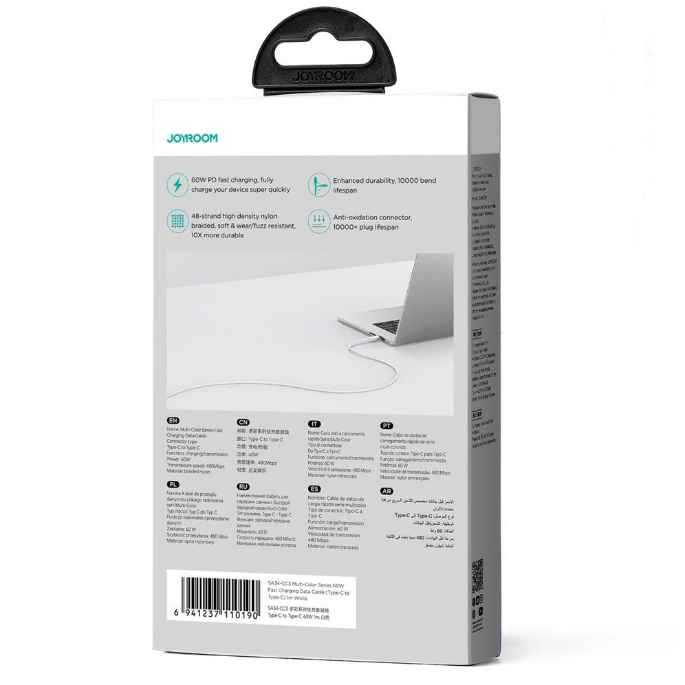 USB-C Data- en Oplaadkabel - USB-C Joyroom Multi-Color S-A34, 60W, 1m, Wit