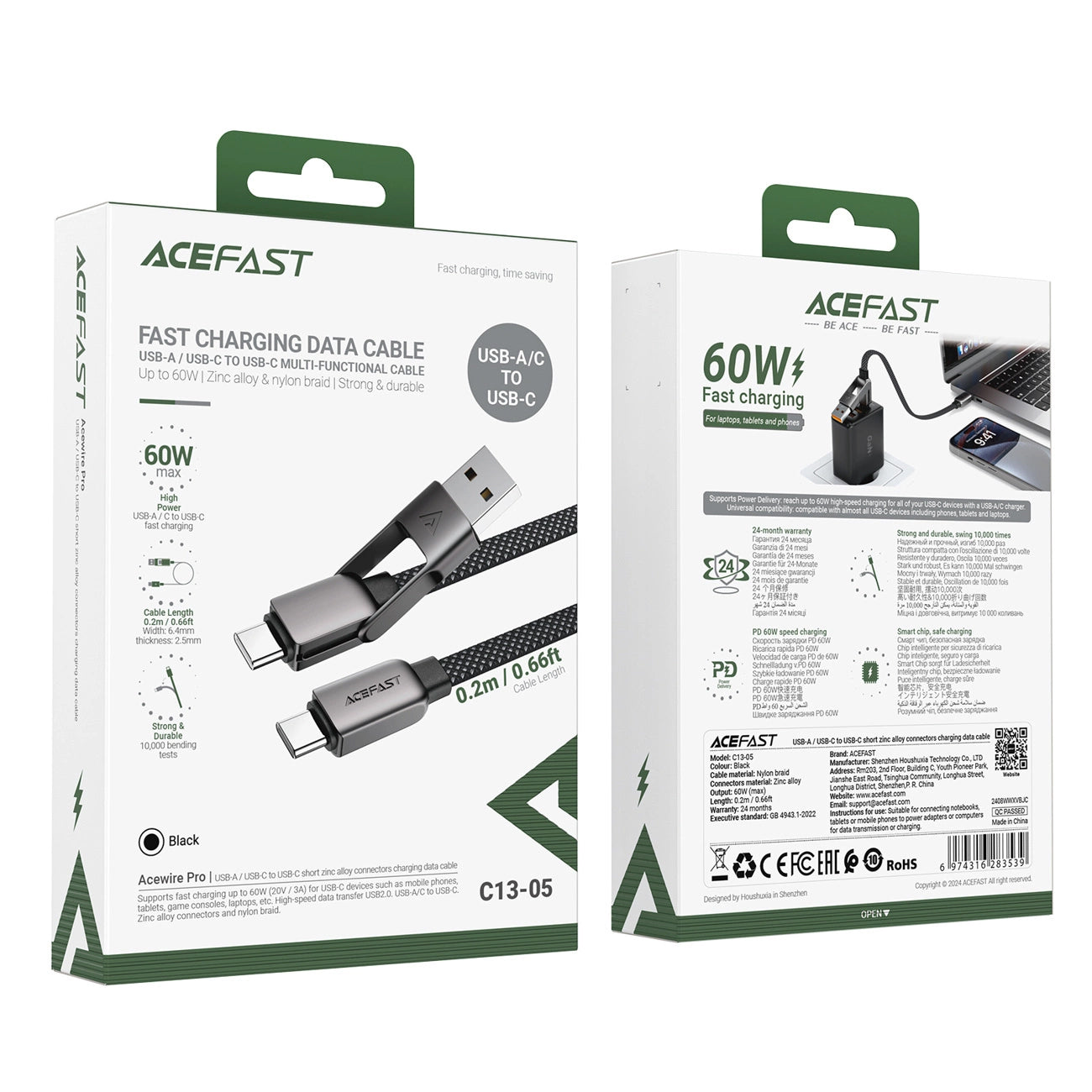 USB-C - USB-A / USB-C Acefast C13-05 Data- en Oplaadkabel, 60W, 0.2m, Zwart