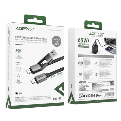 USB-C - USB-A / USB-C Acefast C13-05 Data- en Oplaadkabel, 60W, 0.2m, Zwart