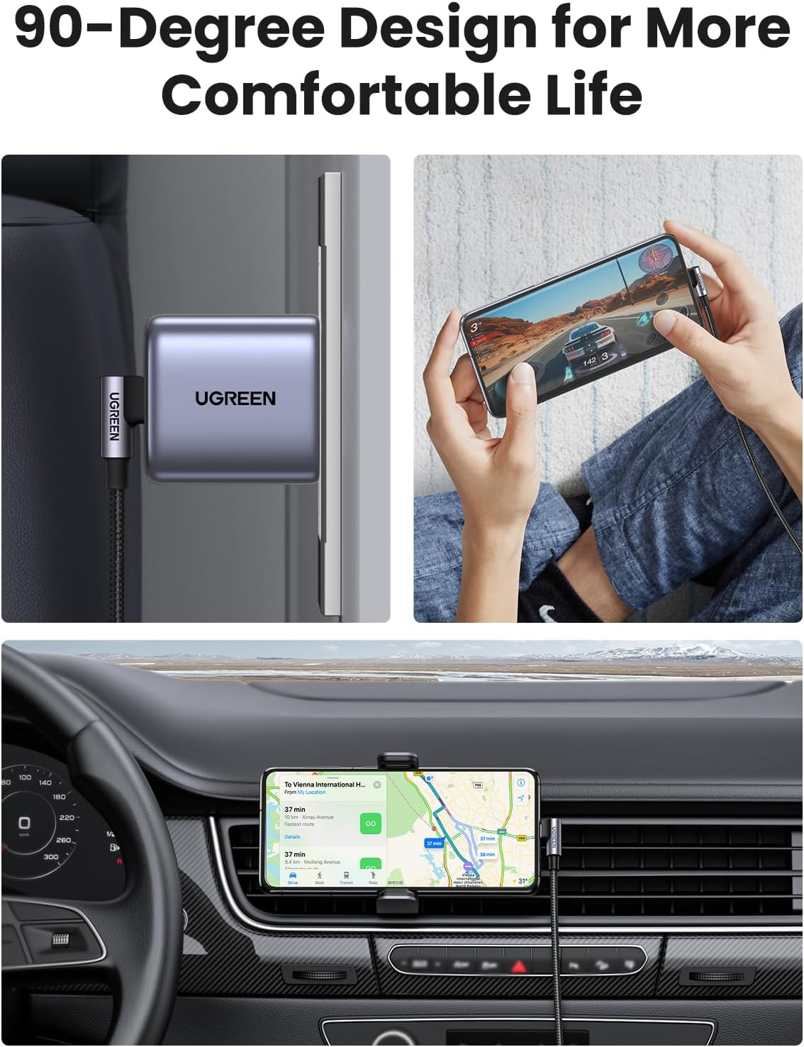 UGREEN US255 Angled USB-C to USB-C Data and Charging Cable, 60W, 3m, Gray