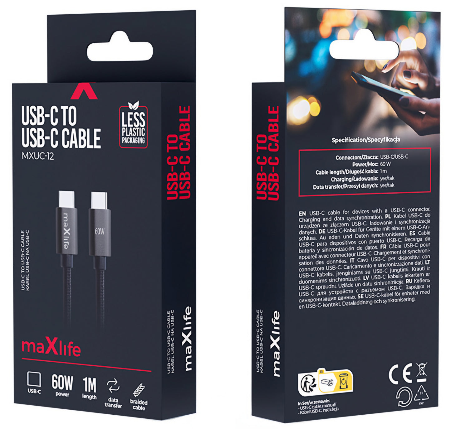 USB-C Data- en Oplaadkabel - USB-C MaXlife MXUC-12, 60W, 1m, Zwart