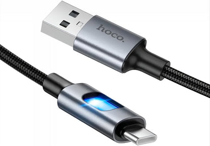 USB-A - USB-C HOCO U144 Led Data- en Oplaadkabel, 18W, 1.2m, Zwart