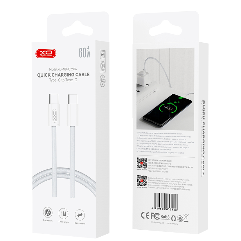 USB-C Data en Oplaadkabel - USB-C XO Design NB-Q260A, 60W, 1m, Wit