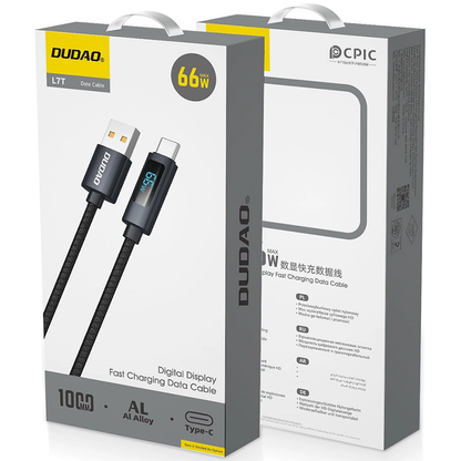 USB-A - USB-C Dudao L7T Display Gegevens- en Oplaadkabel, 66W, 1m, Zwart