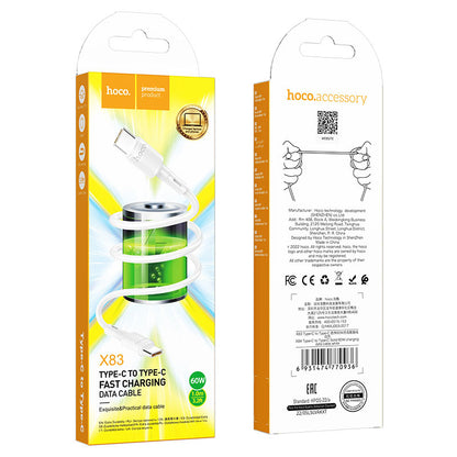 Data- en Oplaadkabel USB-C - USB-C HOCO X83 Victory, 60W, 1m, Wit
