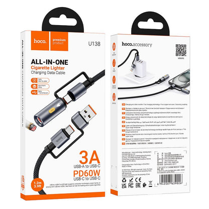 USB-C / USB-A Data- en Oplaadkabel - USB-C / Elektrische Aansteker HOCO U138, 60W, 1.2m, Zwart