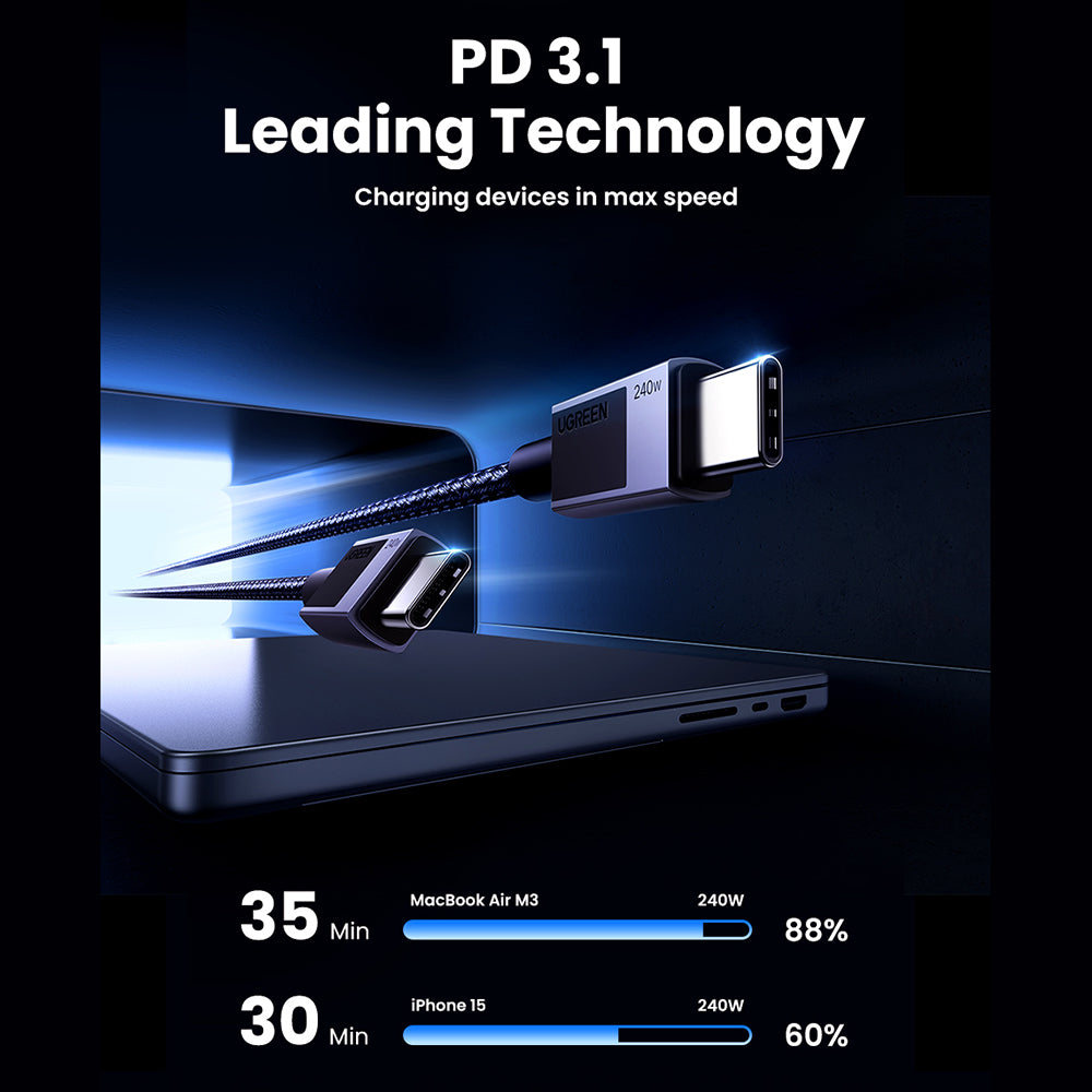 USB-C Data- en Oplaadkabel - USB-C UGREEN L513, 240W, 1m, Zwart
