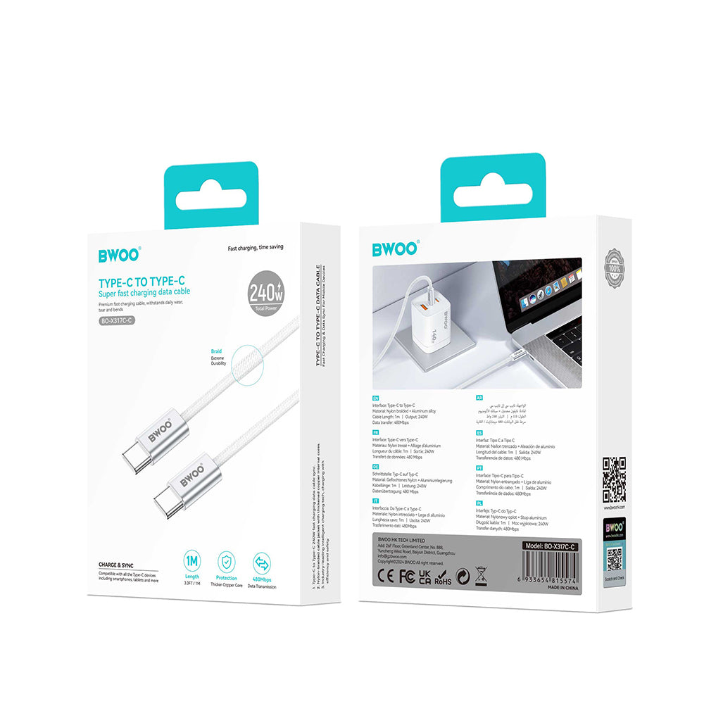 USB-C Data en Oplaadkabel - USB-C BWOO BO-X317C, 240W, 1m, Wit