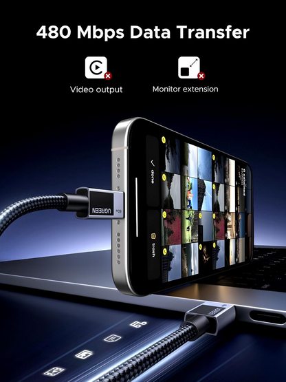 USB-C Data- en Oplaadkabel - USB-C UGREEN L524, 60W, 2m, Gri