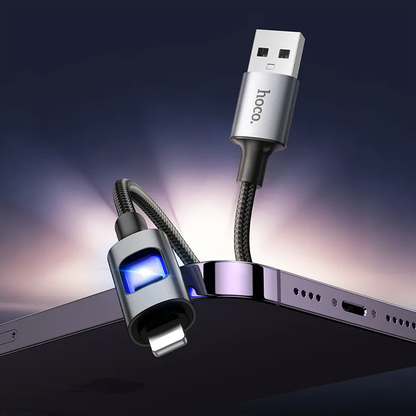 Data- en Oplaadkabel USB-A - Lightning HOCO U144 Led, 18W, 1.2m, Zwart