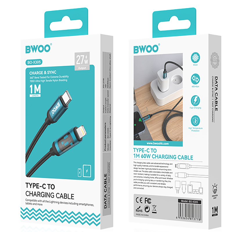 USB-C naar Lightning Data- en Oplaadkabel BWOO X305 Display, 27W, 1m, Zwart