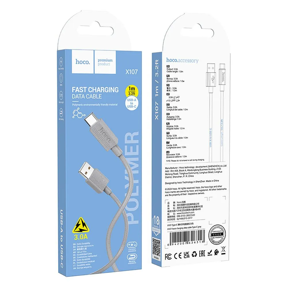 Data- en Oplaadkabel USB-A - USB-C HOCO X107, 18W, 1m, Wit