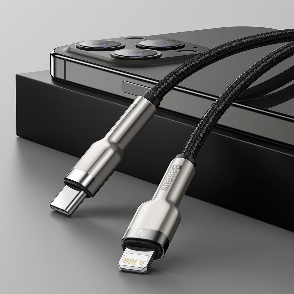 Data- en Oplaadkabel USB-C - Lightning Baseus Cafule Metal Series, 20W, 2m, Zwart CATLJK-B01