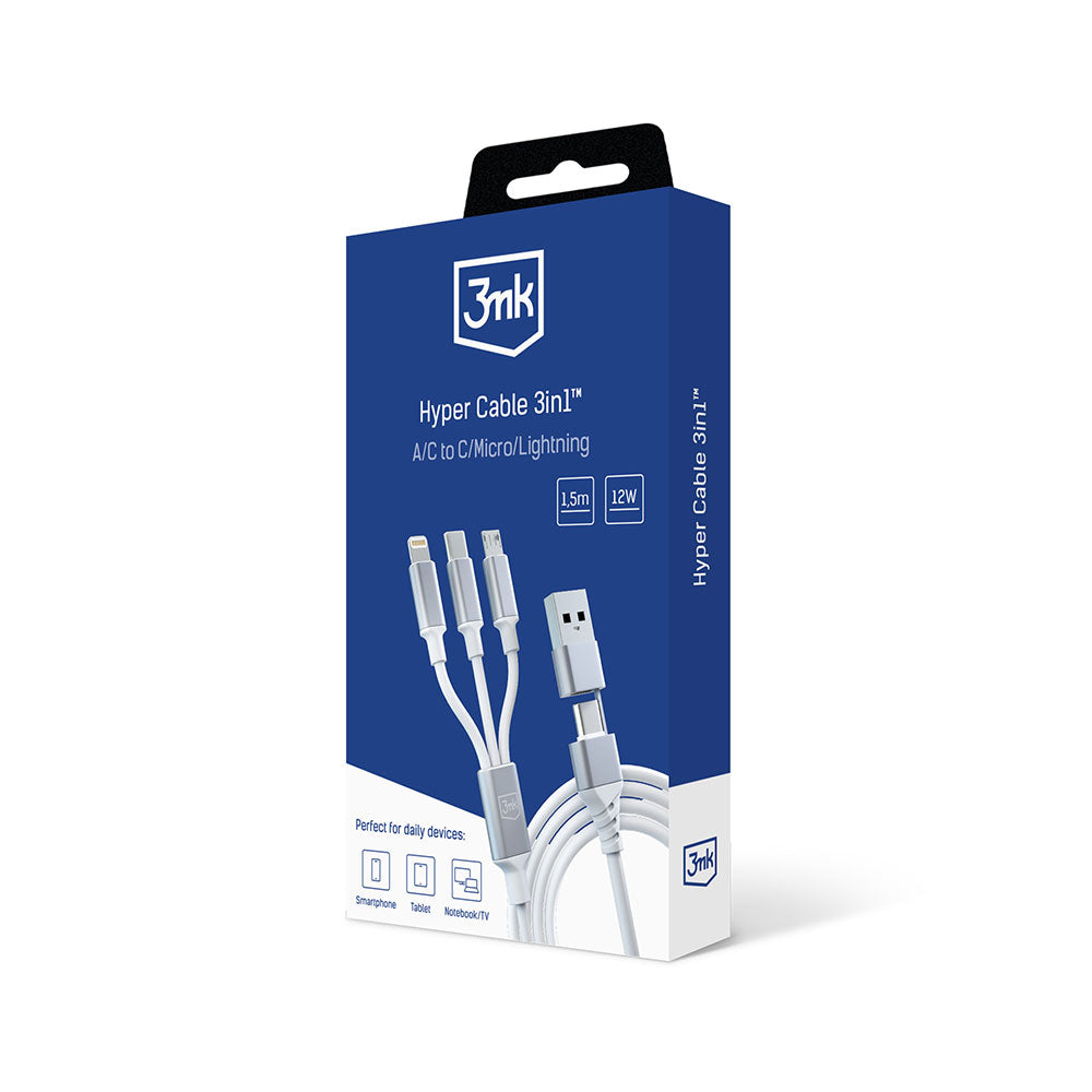 USB-A / USB-C - Lightning / microUSB / USB-C 3MK Hyper 3in1 Oplaadkabel, 12W, 1.5m, Wit