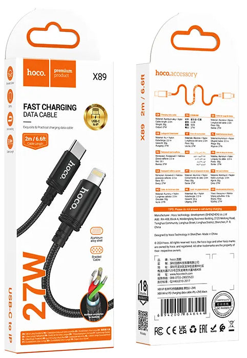 USB-C - Lightning Data- en Oplaadkabel HOCO X89, 27W, 2m, Zwart