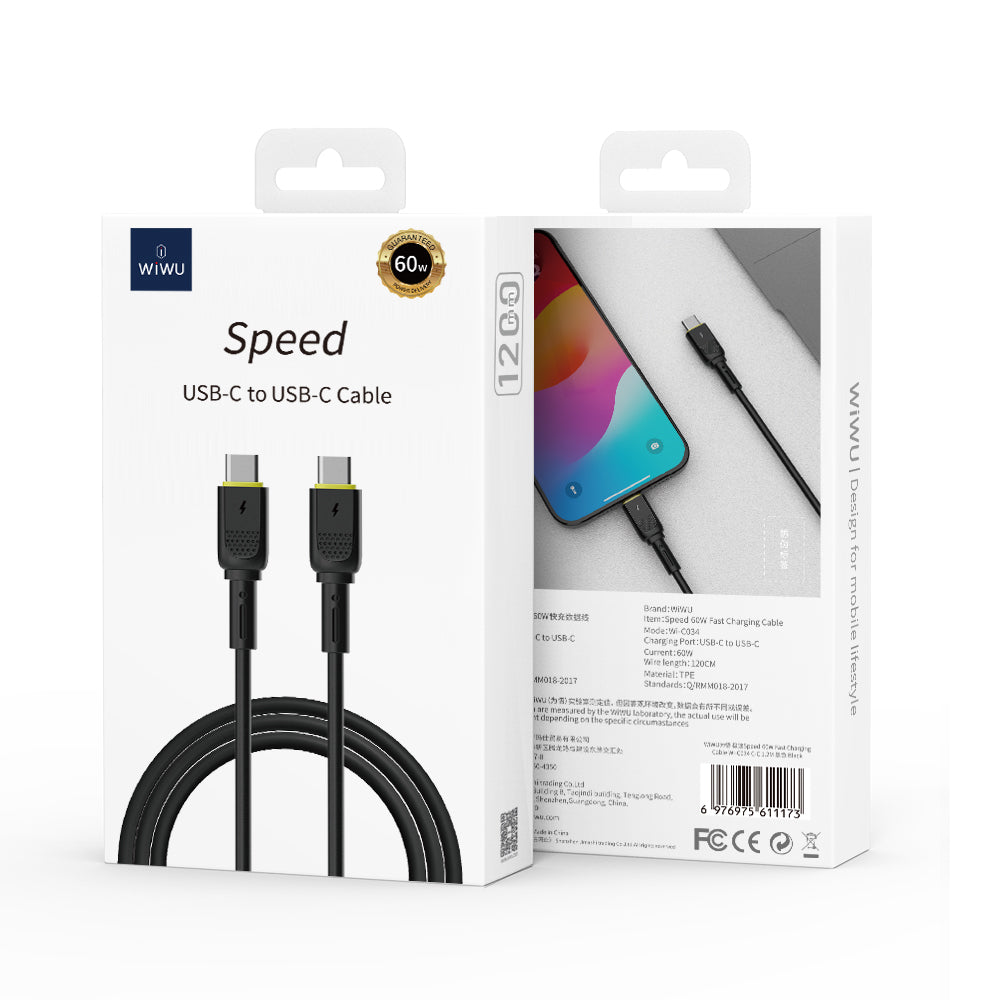 Data- en Oplaadkabel USB-C - USB-C WiWu Wi-C034, 60W, 1.2m, Zwart