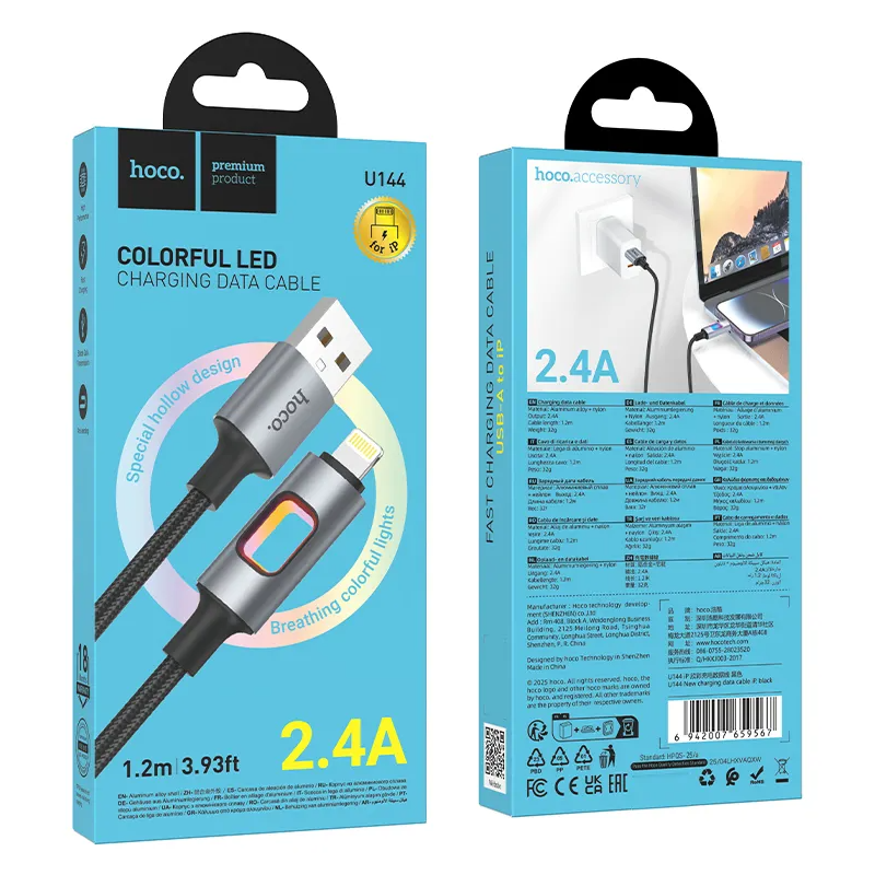 Data- en Oplaadkabel USB-A - Lightning HOCO U144 Led, 18W, 1.2m, Zwart