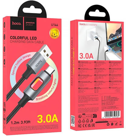 USB-A - USB-C HOCO U144 Led Data- en Oplaadkabel, 18W, 1.2m, Zwart
