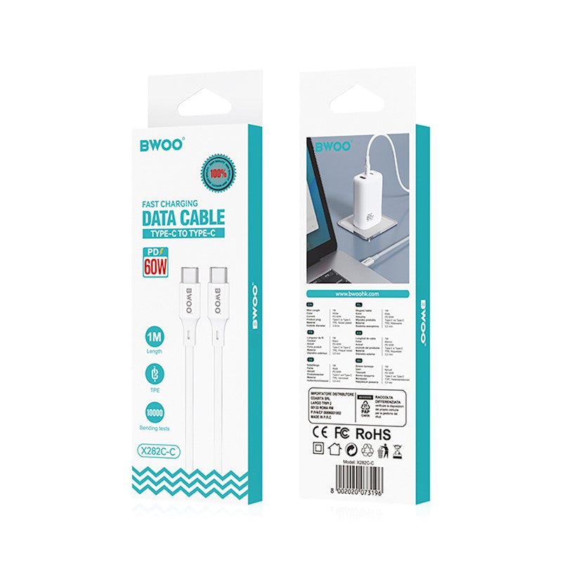 Data- en Oplaadkabel USB-C - USB-C BWOO X282, 60W, 1m, Wit