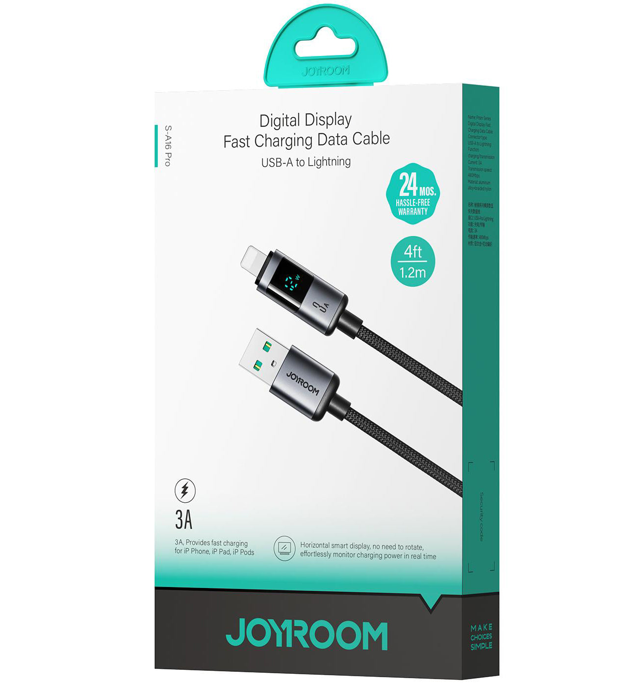 Data- en Oplaadkabel USB-A - Lightning Joyroom S-A16 Pro Prism Display, 12W, 1.2m, Zwart