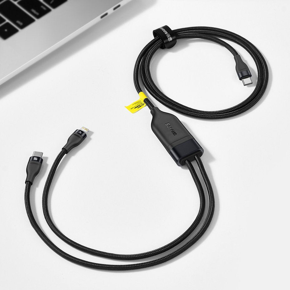 USB-C - Lightning / USB-C Baseus Flash Series 2in1 Data- en Oplaadkabel, 100W, 1.2m, Zwart CA1T2-F01