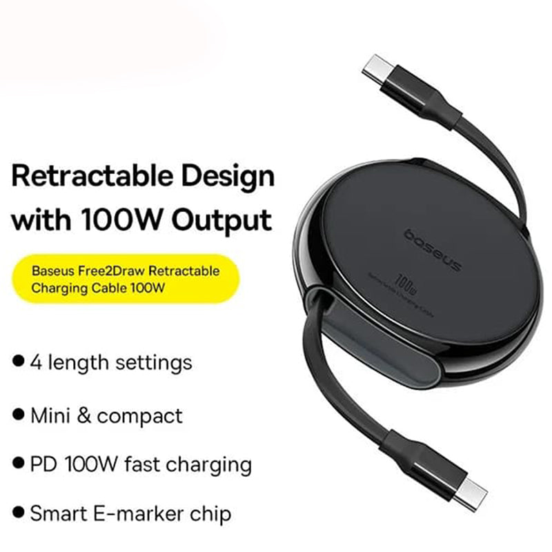 USB-C - USB-C Baseus Pathfinder Retractable Data en Oplaadkabel, 100W, 1m, Zwart P10368400111-00