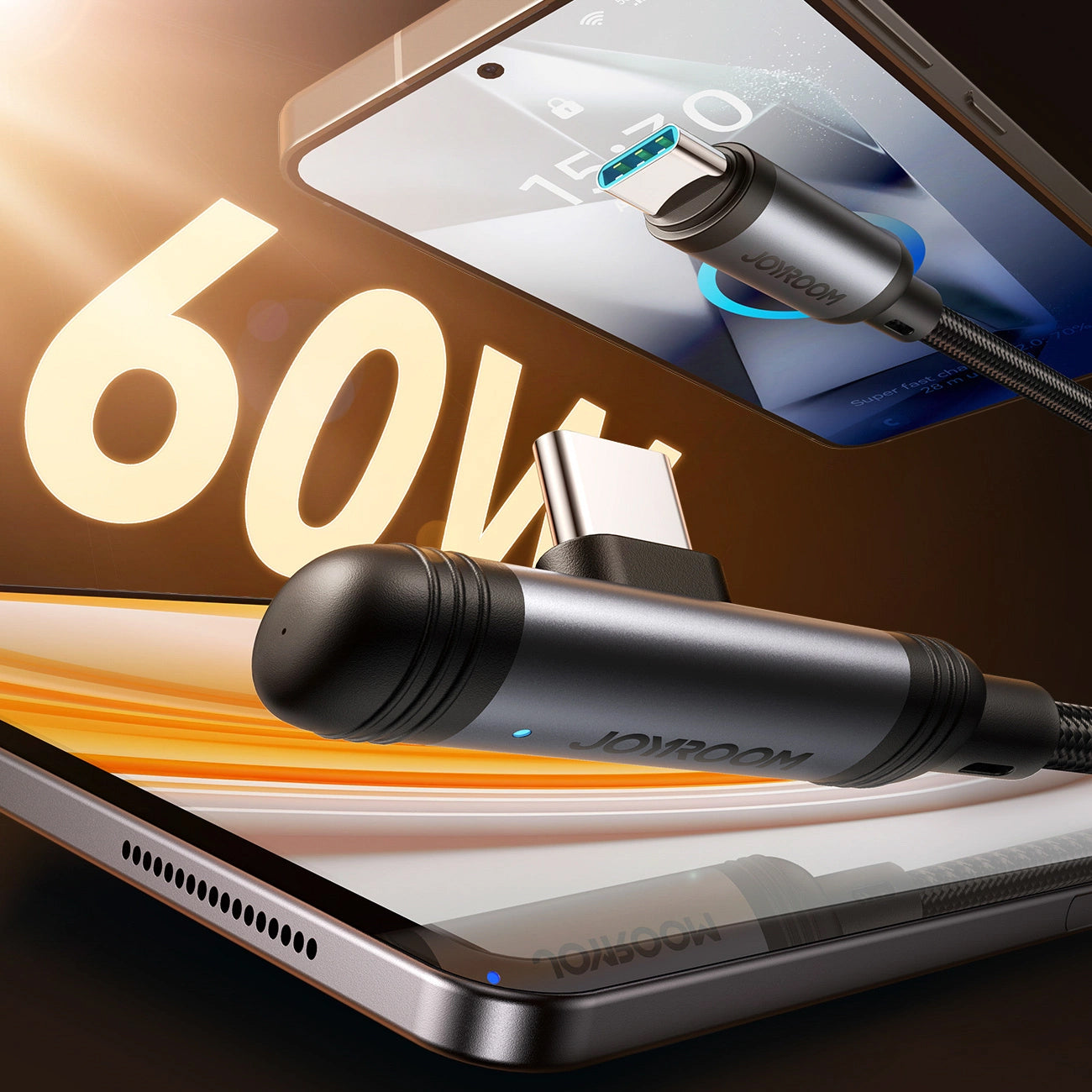 USB-C Data- en Oplaadkabel - USB-C Joyroom S-A56 EnjoyX Angled, 60W, 1.2m, Zwart