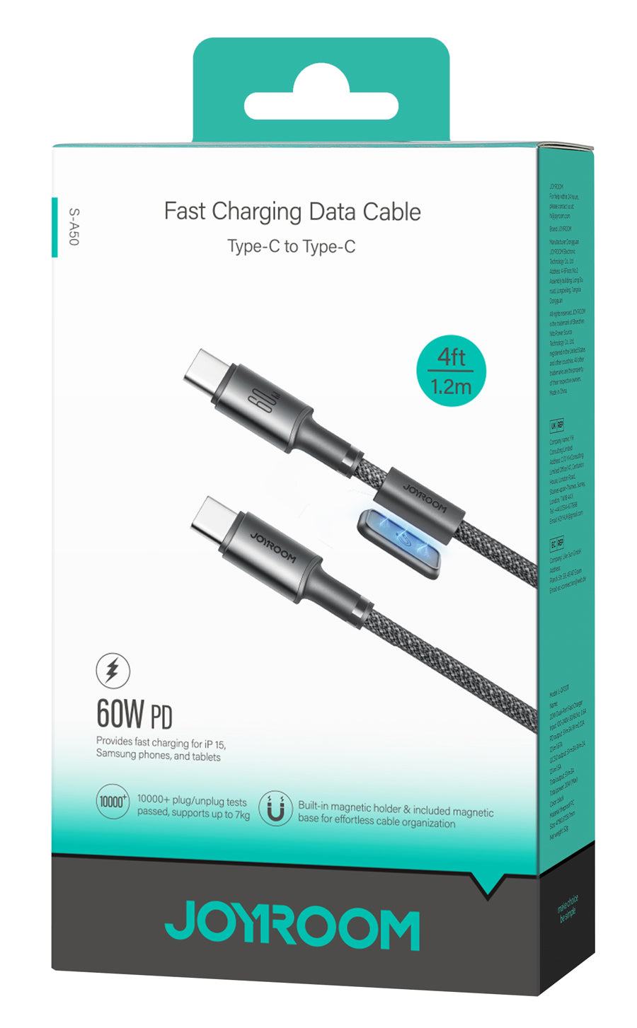 USB-C Data- en Oplaadkabel - USB-C Joyroom S-A50, 60W, 1.2m, Gri