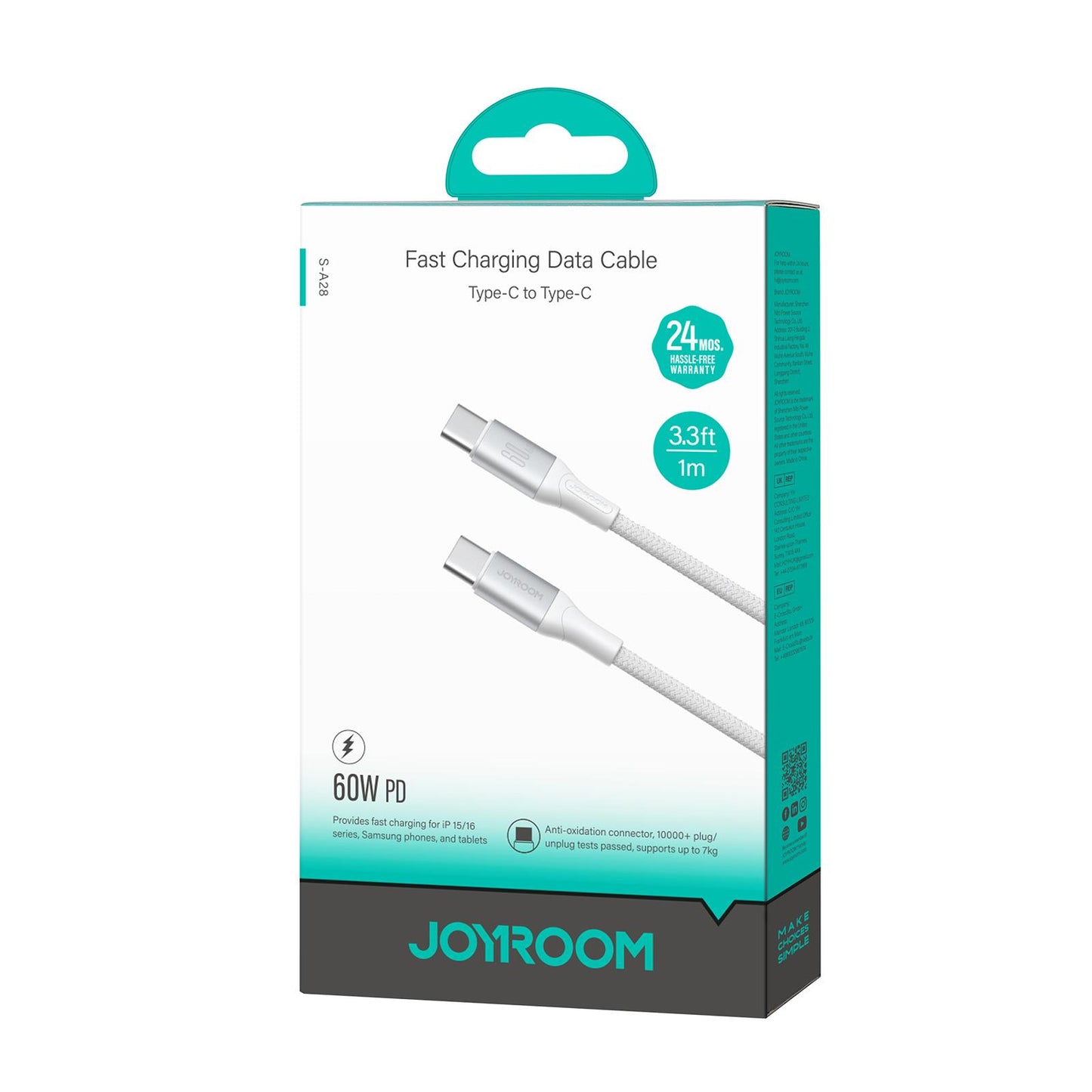 USB-C Data- en Oplaadkabel - USB-C Joyroom S-A28 Flash, 60W, 1m, Wit