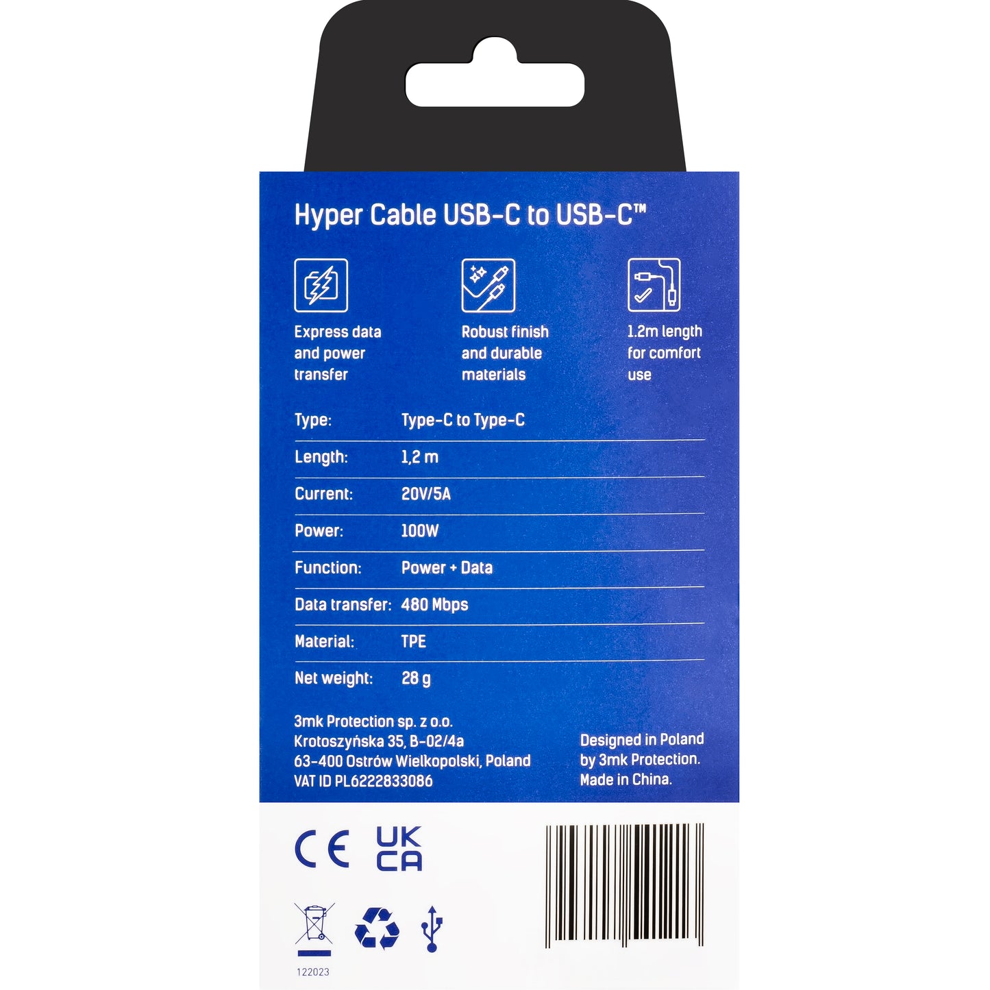 USB-C Data- en Oplaadkabel - USB-C 3MK Hyper, 100W, 1.2m, Zwart