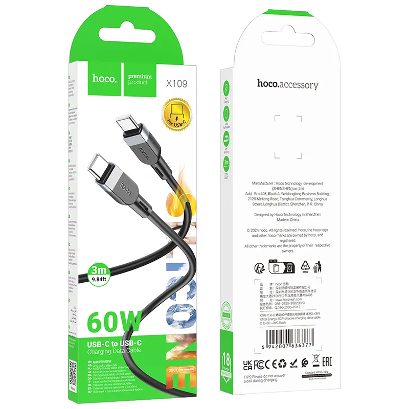 USB-C Data- en Oplaadkabel - USB-C HOCO X109, 60W, 3m, Zwart