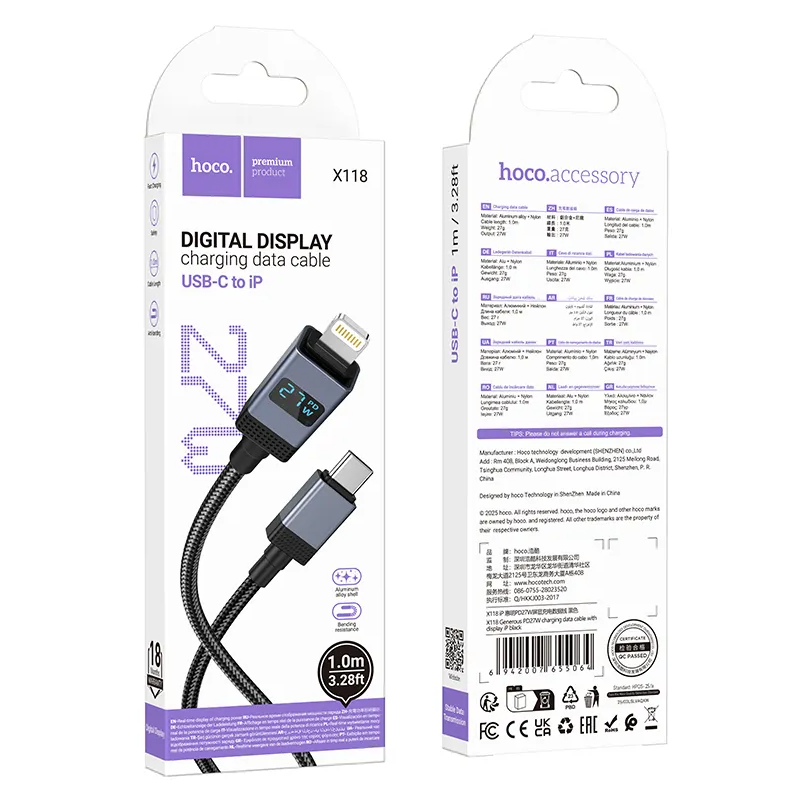 USB-C - Lightning Data- en Oplaadkabel HOCO X118 Display, 27W, 1m, Zwart