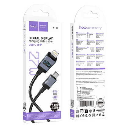 USB-C - Lightning Data- en Oplaadkabel HOCO X118 Display, 27W, 1m, Zwart