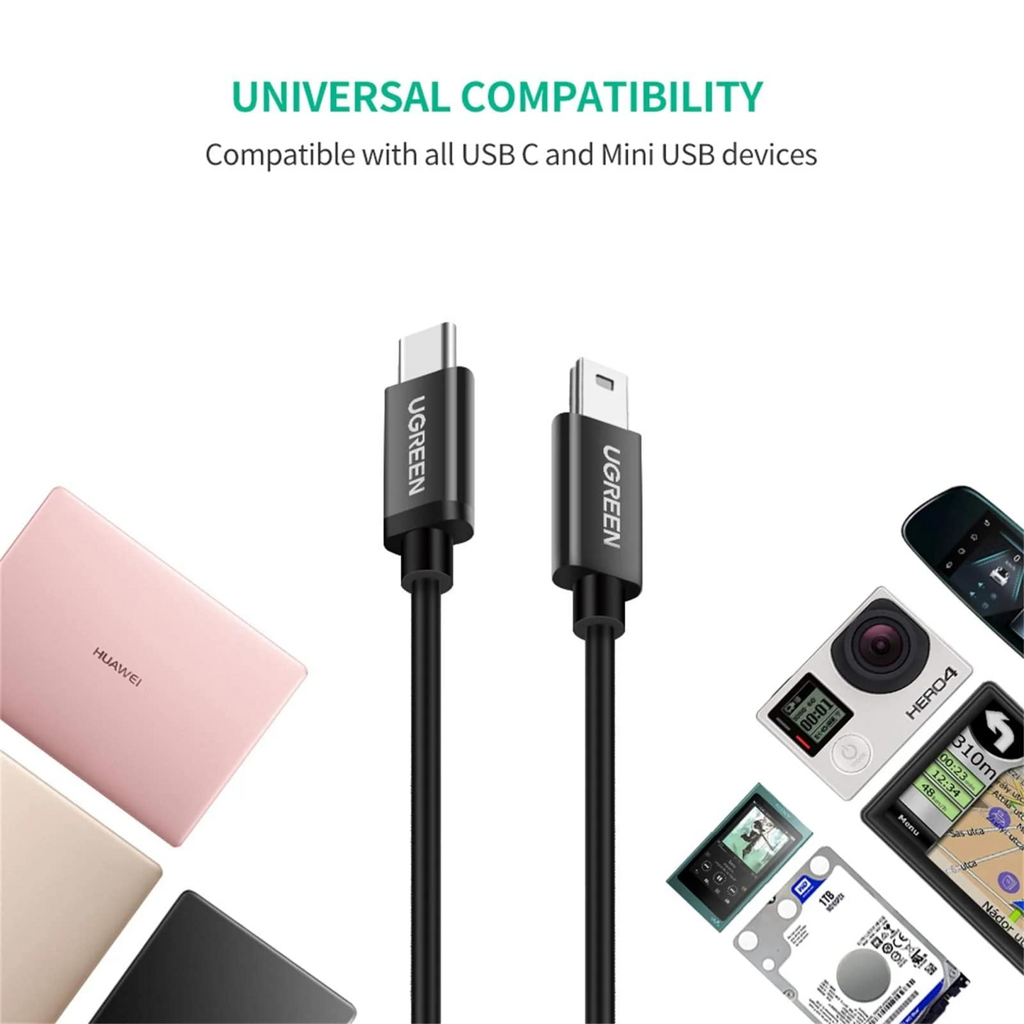 USB-C to miniUSB Data and Charging Cable UGREEN US242, 18W, 1m, Black