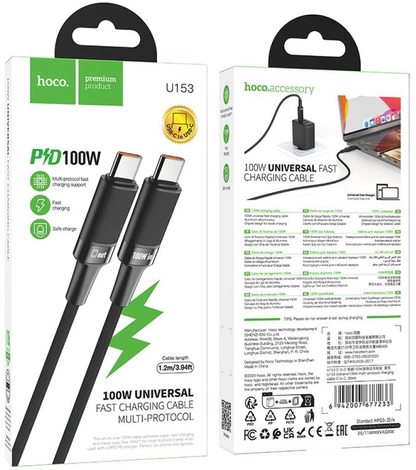 USB-C Data- en Oplaadkabel - USB-C HOCO U153 Extreme, 100W, 1,2m, Zwart